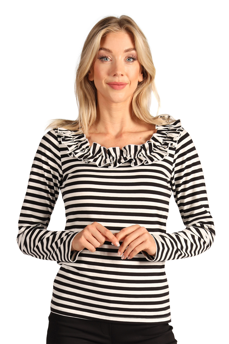 Gestreiftes Shirt mit Rüschen schwarz